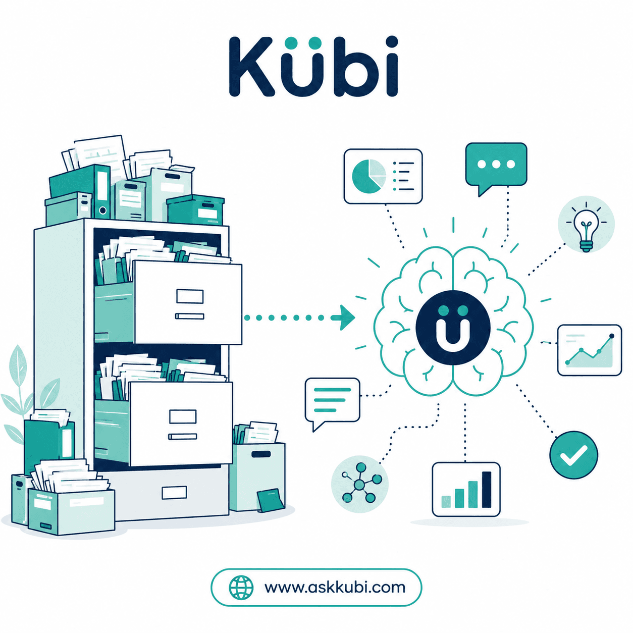 Illustration of Kübi turning overflowing files into charts, insights, and organized knowledge.